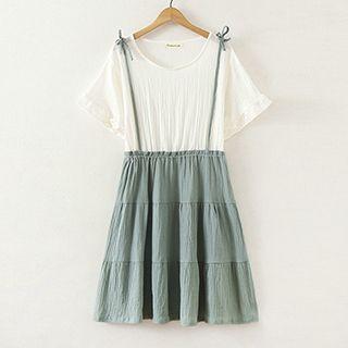 Mock Two Piece Tie Strap Short Sleeve Dress