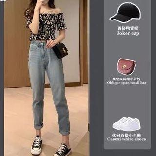 Short-sleeve Floral Print Blouse / Harem Jeans / Set