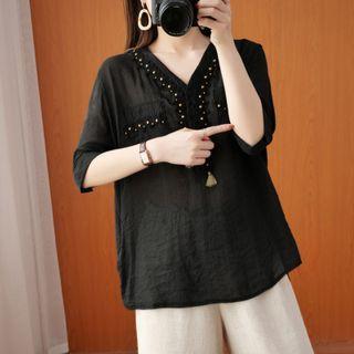 Elbow-sleeve V-neck Beaded Blouse