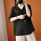 Elbow-sleeve V-neck Beaded Blouse