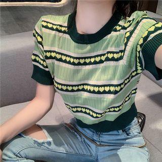 Short-sleeve Heart Pattern Knit Top Green - One Size