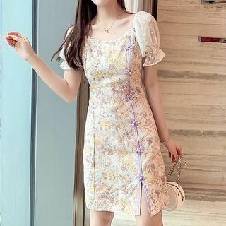 Puff-sleeve Mesh-panel Print Dress