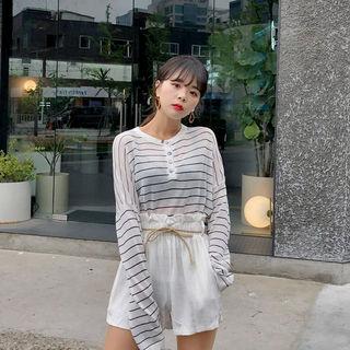Buttoned-neckline Striped Sheer Knit Top
