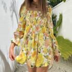 Long-sleeve Square-neck Floral Mini A-line Dress