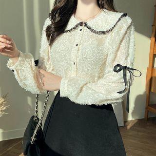 Round-collar Fringe Blouse Beige - One Size