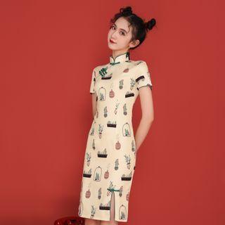 Cactus Print Short-sleeve Mini Qipao