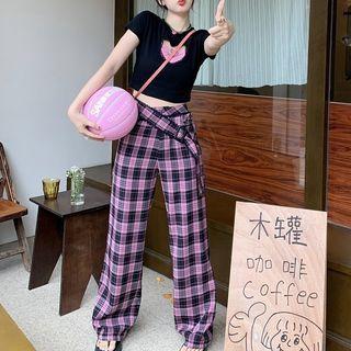Short-sleeve Lace Trim Cut-out T-shirt / Plaid Wide Leg Pants