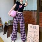 Short-sleeve Lace Trim Cut-out T-shirt / Plaid Wide Leg Pants