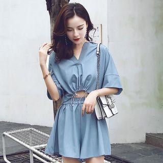 Set: Elbow-sleeve Crinkled Cropped Top + Wide-leg Shorts