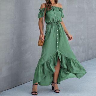 Ruffle Trim Short-sleeve Button Midi A-line Dress