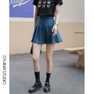 Belted Mini A-line Pleated Skirt