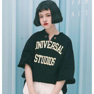 Elbow Sleeve V-neck Letter Printed T-shirt