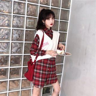 Long-sleeve Mini Plaid Shirt Dress / Cropped Vest