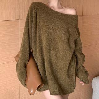 Off-shoulder Plain Long-sleeve Sweater