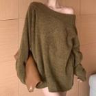 Off-shoulder Plain Long-sleeve Sweater