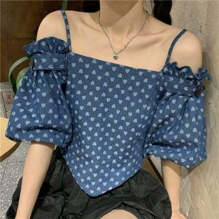 Cold-shoulder Heart Print Cropped Blouse / Plain Shorts