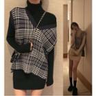 V-neck Plaid Knit Vest / Long-sleeve Turtleneck Mini Bodycon Dress