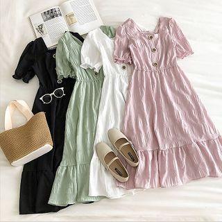 Plain Frilled Square-neck Short-sleeve Dress