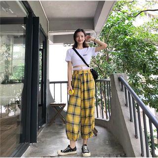 Short-sleeve Cutout T-shirt / Plaid Cropped Harem Pants