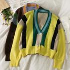 V-neck Color-block Striped Button-up Cropped Cardigan