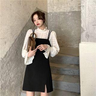 Bell-sleeve Blouse / Slit Mini A-line Overall Dress