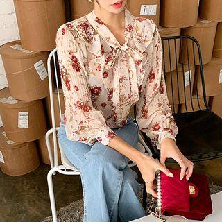 Tie-neck Pleated-sleeve Ruffled Floral Blouse