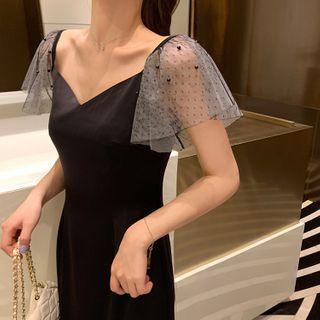 Cap-sleeve Mesh Panel A-line Dress Black - One Size