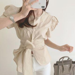 Puff Short Sleeve Tie-waist Blouse