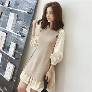 Set: Sleeveless Contrast-trim Knit Top + Shirtdress