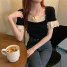 Short-sleeve Lace Trim Top Black - One Size