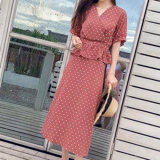 Set: Dotted Elbow-sleeve Top + Midi Dress