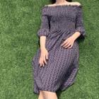 Elbow-sleeve Off Shoulder Pleated A-line Midi Dress