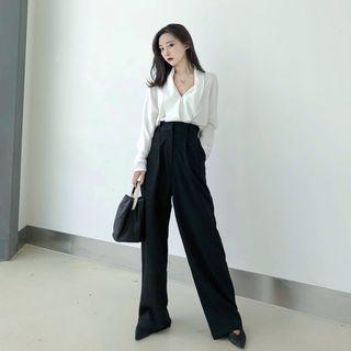 V-neck Long-sleeve Blouse / Wide-leg Pants