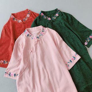 3/4-sleeve Embroidered Floral Frog Buttoned A-line Midi Dress