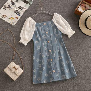 Puff-sleeve Floral Print A-line Denim Dress