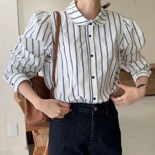 Collared Striped Blouse Black & White - One Size