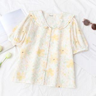 Puff-sleeve Floral Blouse 619 - Floral - Beige - One Size