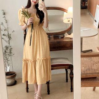 Puff-sleeve Ruched Tiered Midi A-line Dress