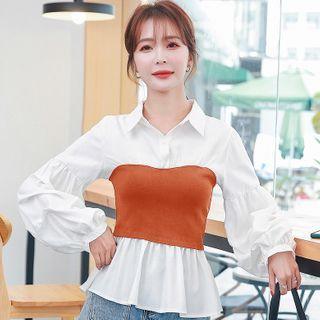 Long-sleeve Knit Panel Peplum Blouse