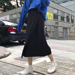 Drawstring-waist Midi A-line Skirt Black - One Size