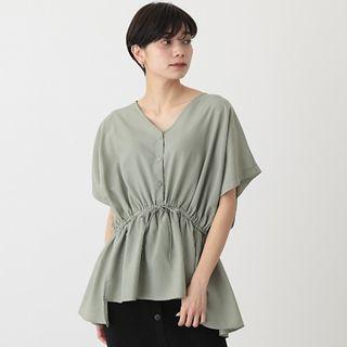 Short-sleeve V-neck Plain Drawstring Blouse