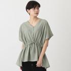 Short-sleeve V-neck Plain Drawstring Blouse
