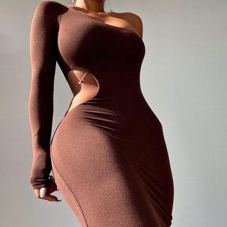 Long-sleeve One-shoulder Cutout Midi Bodycon Dress