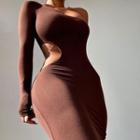 Long-sleeve One-shoulder Cutout Midi Bodycon Dress