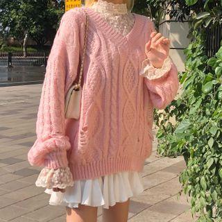 V-neck Cable Knit Sweater / Mock Neck Plain Lace Top