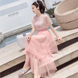 Set: Sequined Short-sleeve Top + Mesh Midi Skirt