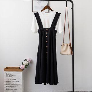 Set: Short-sleeve T-shirt + Ruffled Midi Jumper Skirt Set - T-shirt - White - One Size / Midi Skirt - Black - One Size