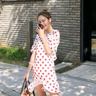 Cutaway-back Frill-trim Polka-dot Dress