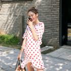 Cutaway-back Frill-trim Polka-dot Dress