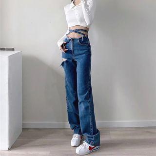 Mid Rise Cross Strap Wide Leg Jeans